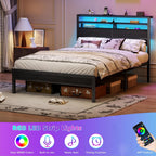 Furnulem Full Size Bed Frame with Headboard & 2 Fabric Drawers, Black Oak