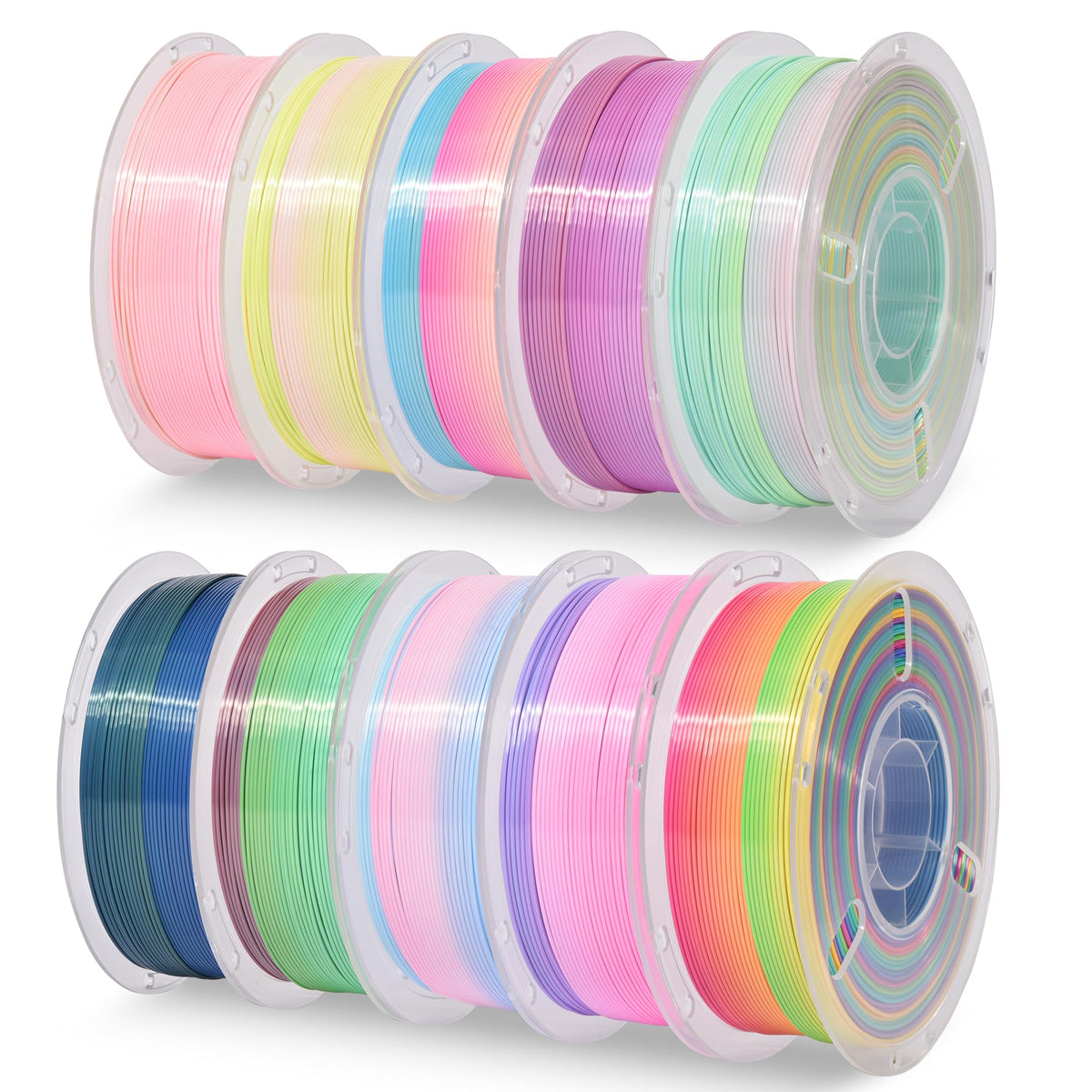 RAMBERY Silk Rainbow PLA 3D Printer Filament Bundle, 10 Colors Total 10kg, 1.75mm Multicolor Gradient 3D Printing Filament for Most FDM 3D Printers, 1KG Spool (2.2lbs) x 10 PCS
