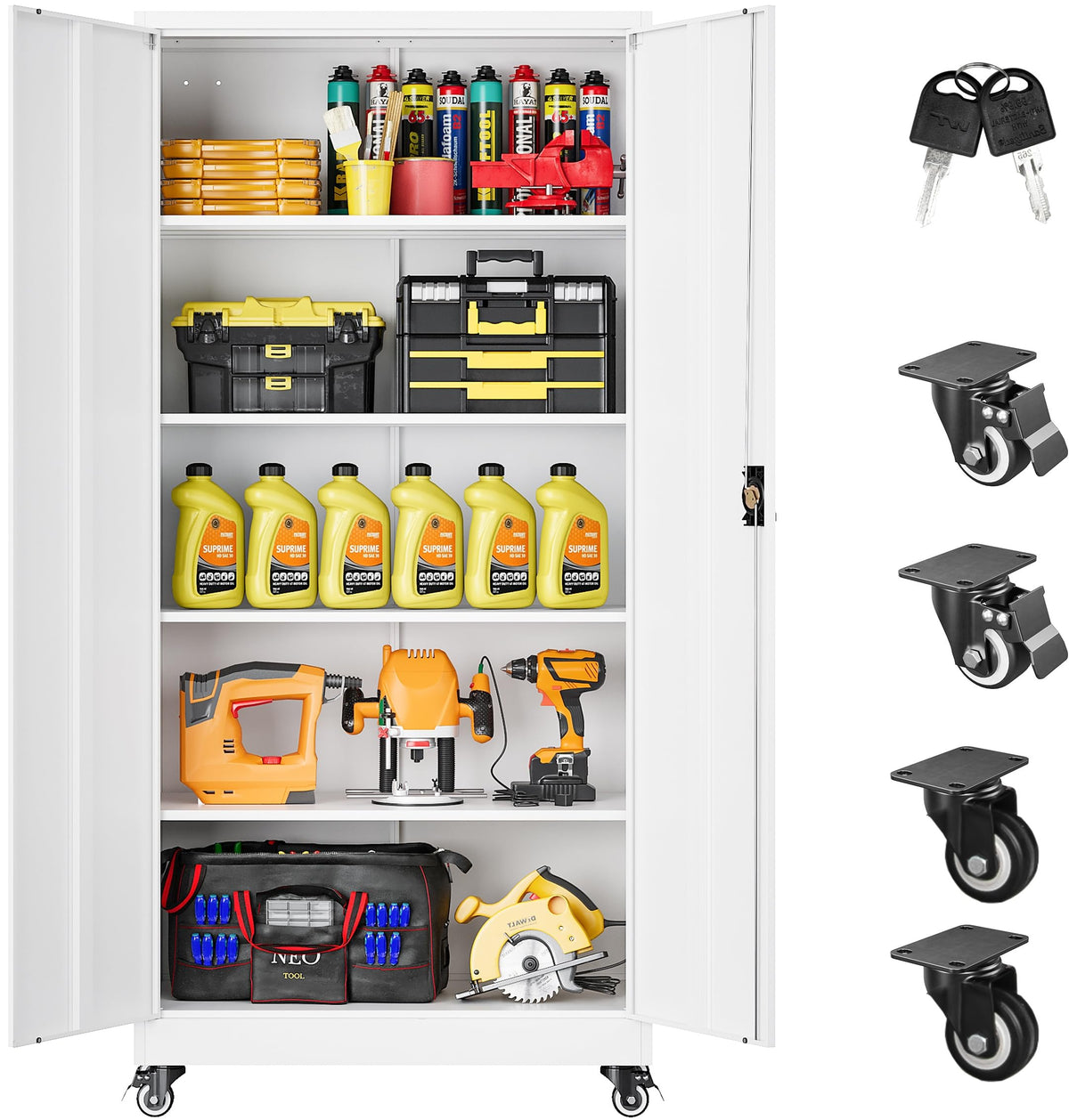 SISESOL 75" Tall Metal Storage Cabinet with Wheels,Rolling Garage Storage Cabinet with Lock,Black Metal Cabinets with Wheels and Shelves,Deep Heavy Duty Tool Locker for Garage,Home,Office,Shop