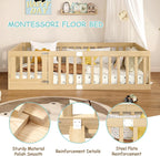EXPERLAM Twin Montessori Floor Bed with High Guardrails and 2 Door Latch, Solid Wood Toddler Bed Frame with 10 Slats and Supporting keel, Low-to-Floor for Crib-to-Bed Transition, Natural