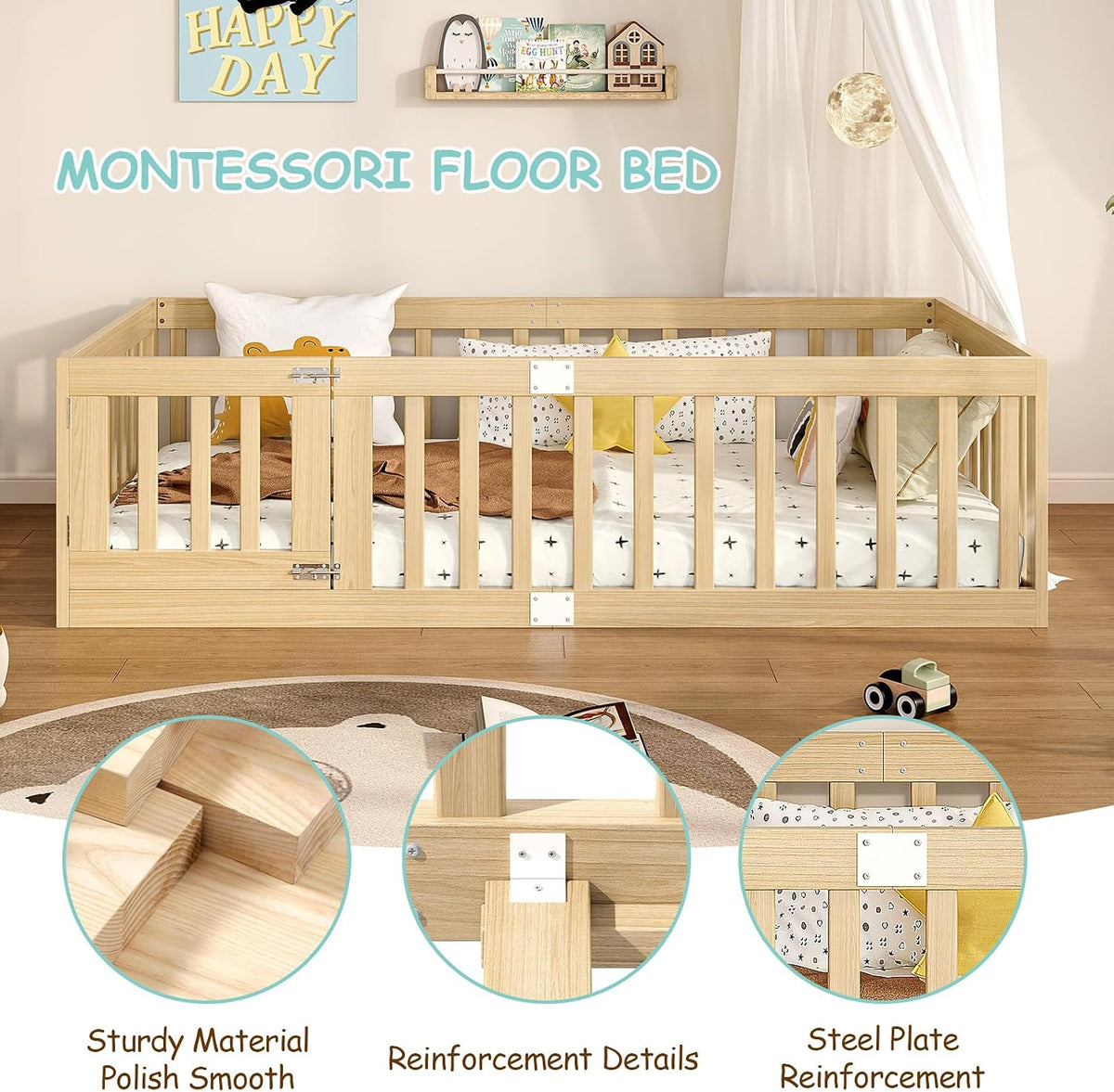 EXPERLAM Twin Montessori Floor Bed with High Guardrails and 2 Door Latch, Solid Wood Toddler Bed Frame with 10 Slats and Supporting keel, Low-to-Floor for Crib-to-Bed Transition, Natural