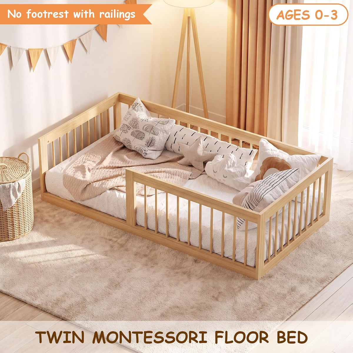 EXPERLAM Twin Montessori Floor Bed for Kids, Removable Rails, Burlywood