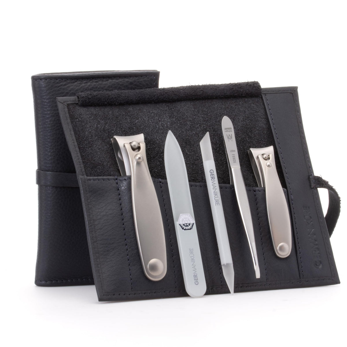GERMANIKURE 7pc Manicure & Pedicure Set, FINOX Steel, Purple Leather Roll