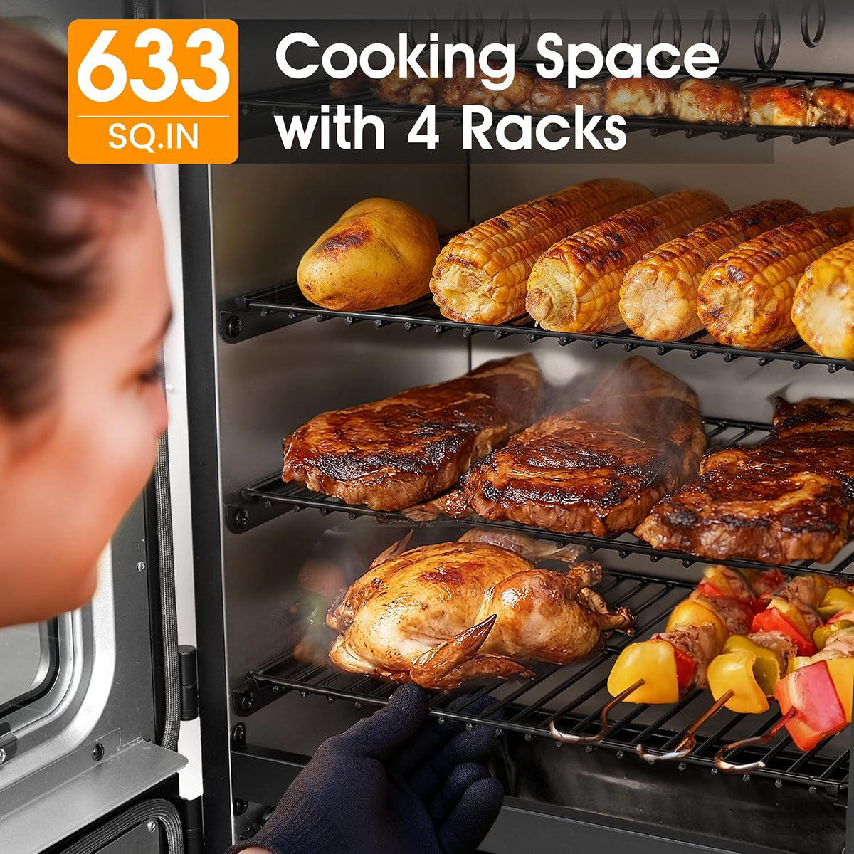 Vertical Electric Smoker with Cover & Meat Probe, BBQ Smokers with 4 Cooking Grates, 633 Sq.in Cooking Space, LED Temperature Control for Outdoor Cooking,Smoke Ribs,Brisket,Chicken
