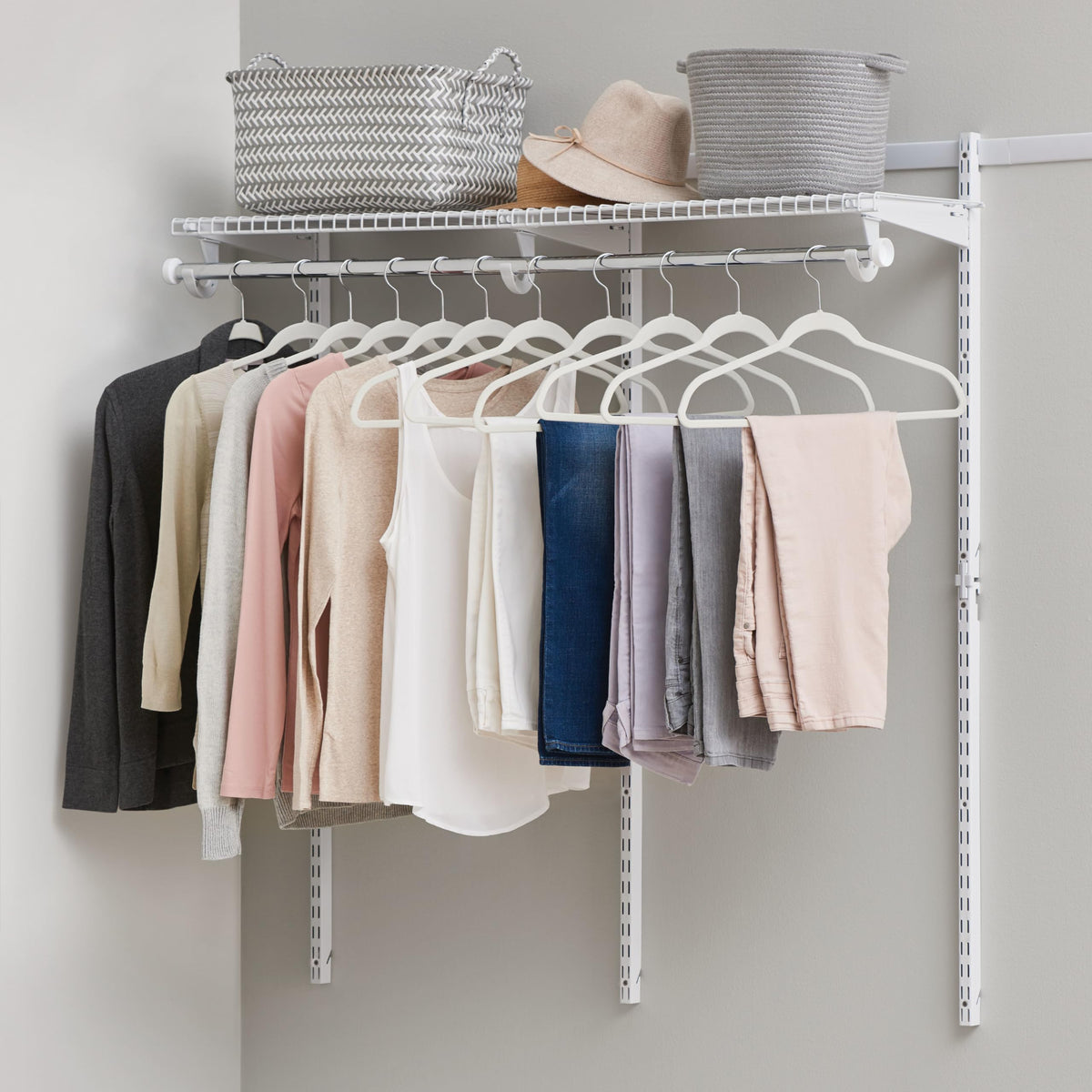 Rubbermaid Configurations Custom Closet Kit 4-8 Ft. Adjustable Metal Wire Shelving White Finish Expandable Organization System Hardware Included for Home Closet/Pantry/Laundry/Mudroom