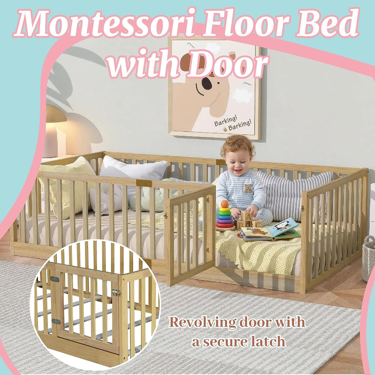 Full Montessori Floor Bed with High Rails, Door & Slats for Kids, Natural
