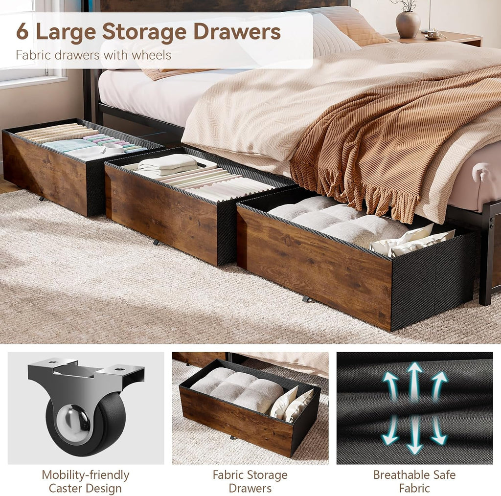 Forestell King Size Bed Frame with 2-Tier Storage Headboard & 6 Drawers