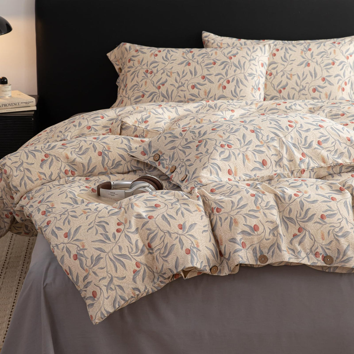 mixinni Garden Style Cotton Flowers and Birds Pattern Printed Duvet Cover Reversible Design Peacock Blue 3 Piece Bedding Duvet Set with Zipper Closure, Perfect for Him and Her-Queen Size