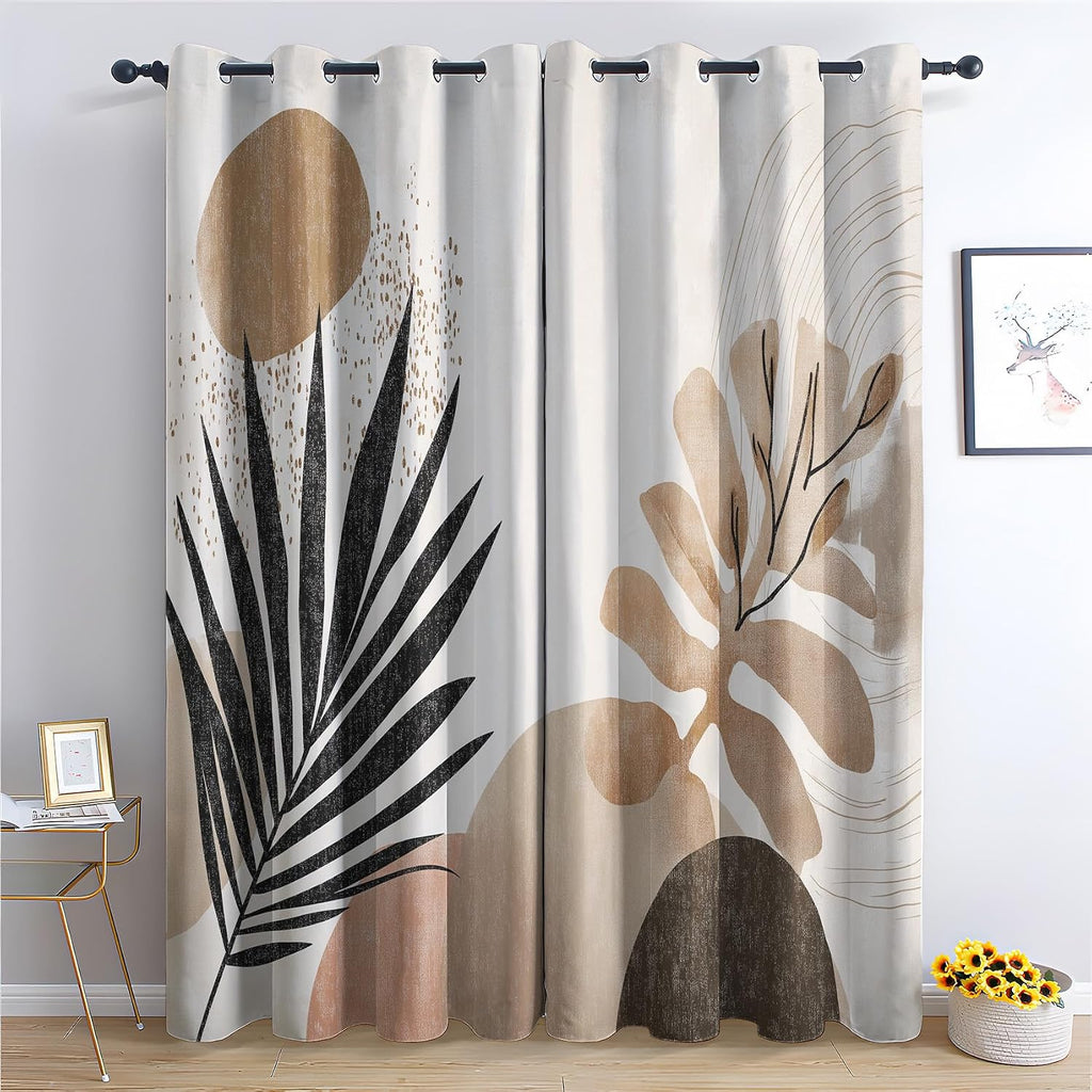 Boho Mid Century Blackout Curtains, Thermal Insulated Room Darkening Grommet Drapes for Bedroom Living Room, Modern Abstract Leaf Geometric Window Treatments, 108 Inch Drapes 2 Panel Set