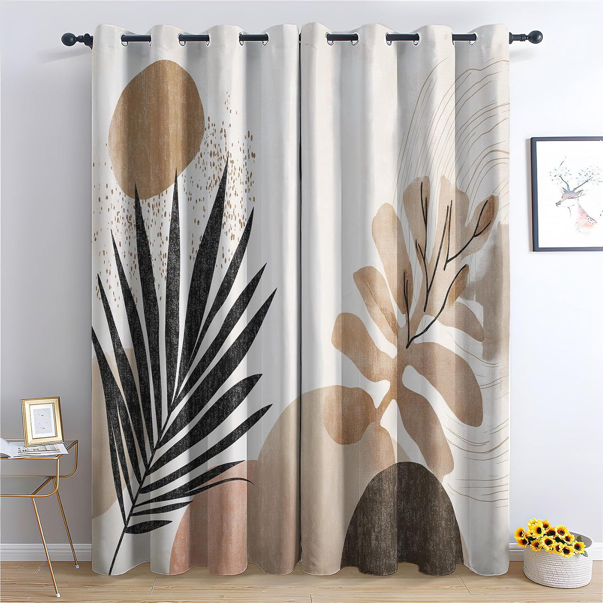 Boho Mid Century Blackout Curtains, Thermal Insulated Room Darkening Grommet Drapes for Bedroom Living Room, Modern Abstract Leaf Geometric Window Treatments, 108 Inch Drapes 2 Panel Set