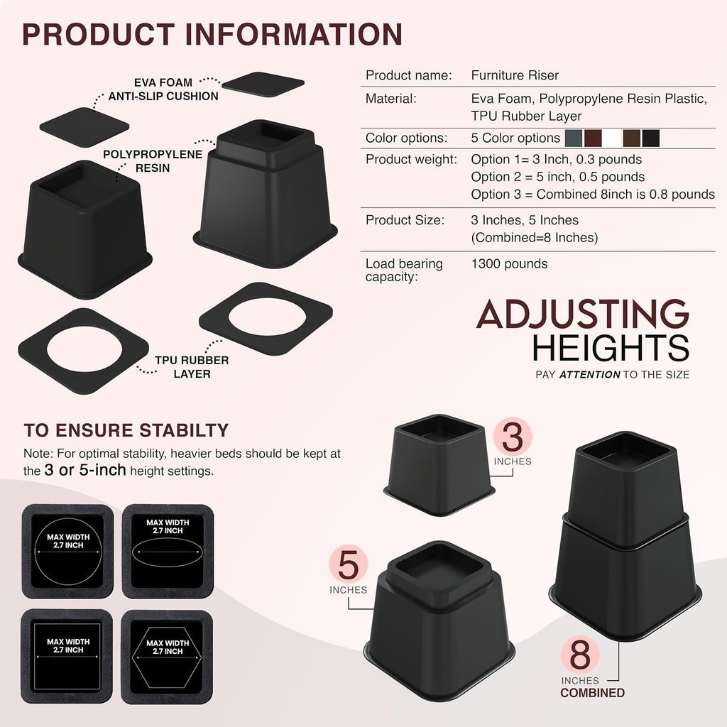 Utopia Bedding Adjustable Bed Risers 3 & 5 Inch, Black, 36-Pack
