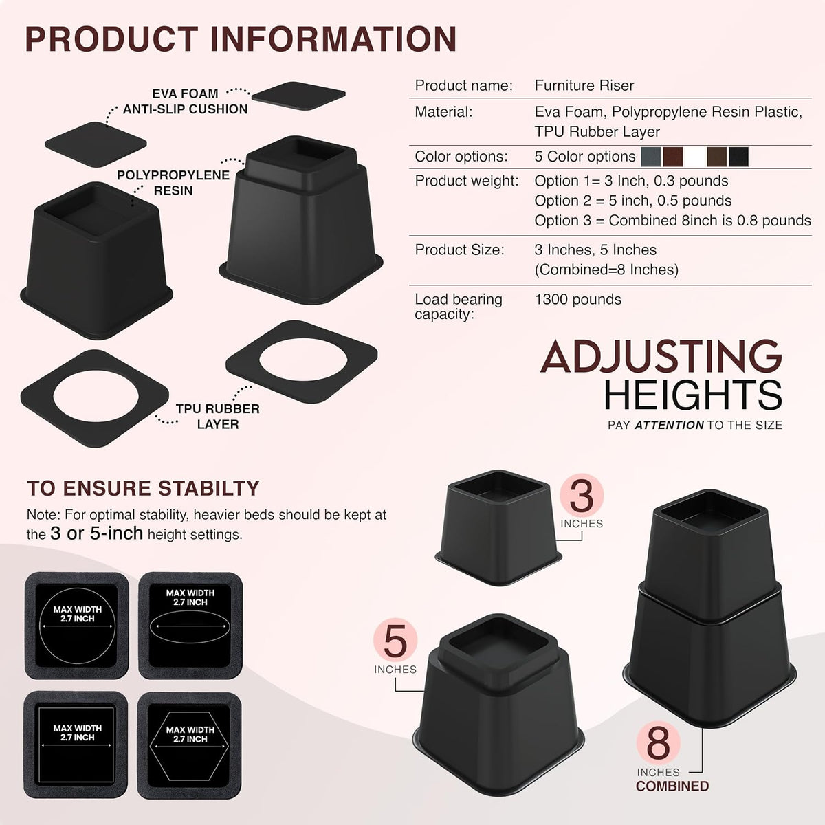 Utopia Bedding Adjustable Bed Risers 3 & 5 Inch, Black, 36-Pack
