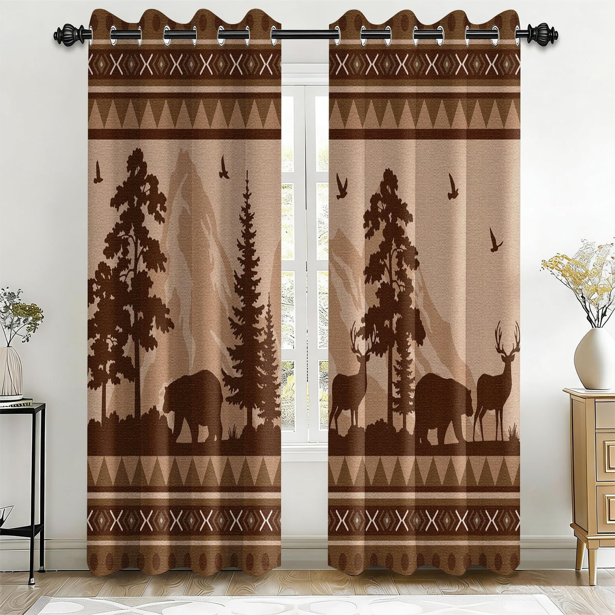Rustic Farmhouse Cabin Blackout Curtains for Living Room, 96 Inch Long 2 Panels, Woodland Animal Bear Deer Curtains, Retro Country Style Patchwork Plaid Bedroom Window Drapes Treatment