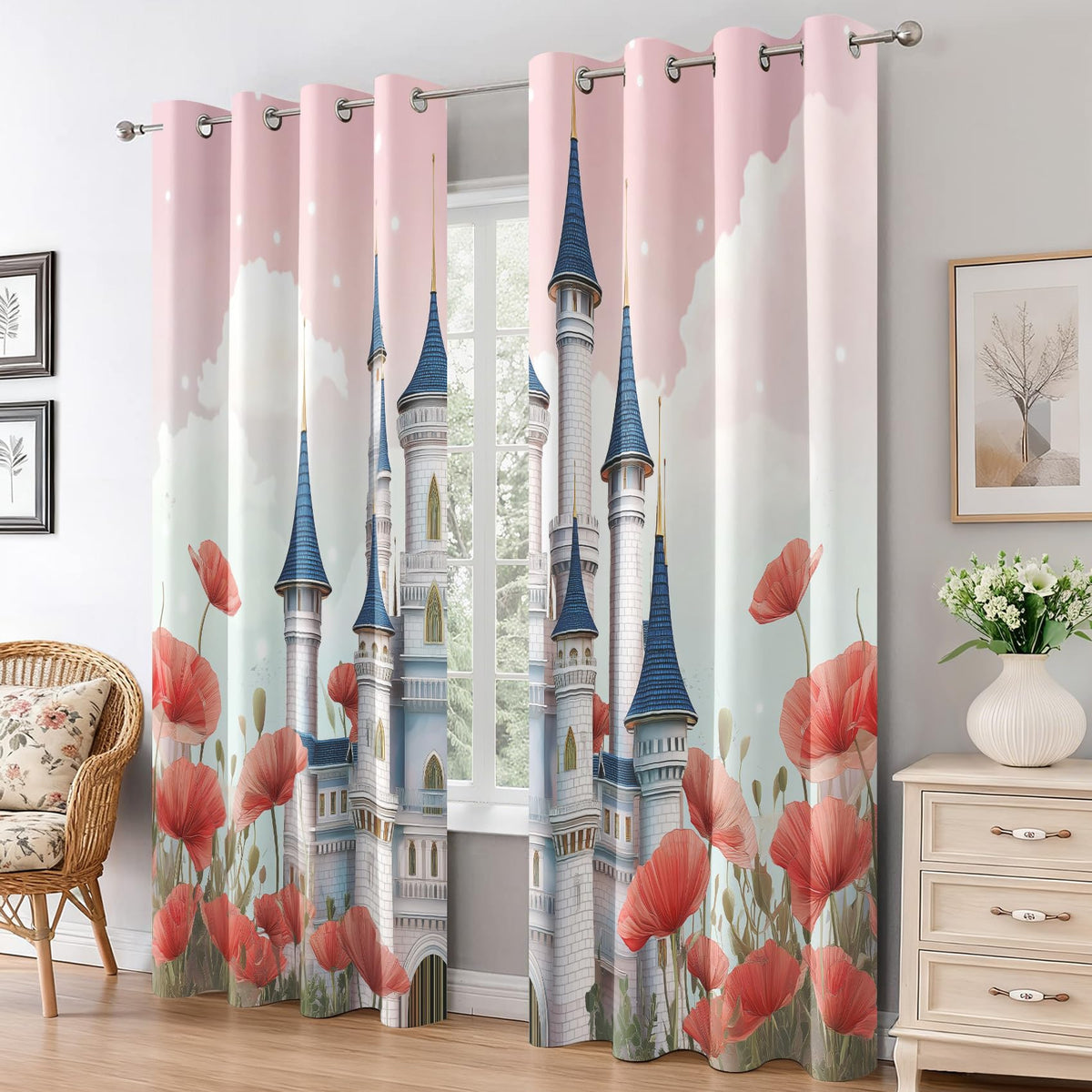 Cute Sun Curtains Blackout for Living Room Bedroom, Colorful Floral Butterfly Curtains 108 Inch Length 2 Panels Set, Thermal Insulated Grommet Drapes - Girly Kawaii Home Decor Q3K-X16
