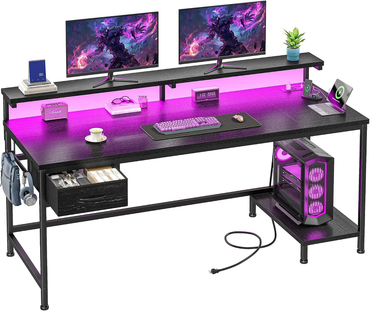 DurayLoly 47.2" Gaming Desk with Power Outlet and LED Lights,Bedroom,Black