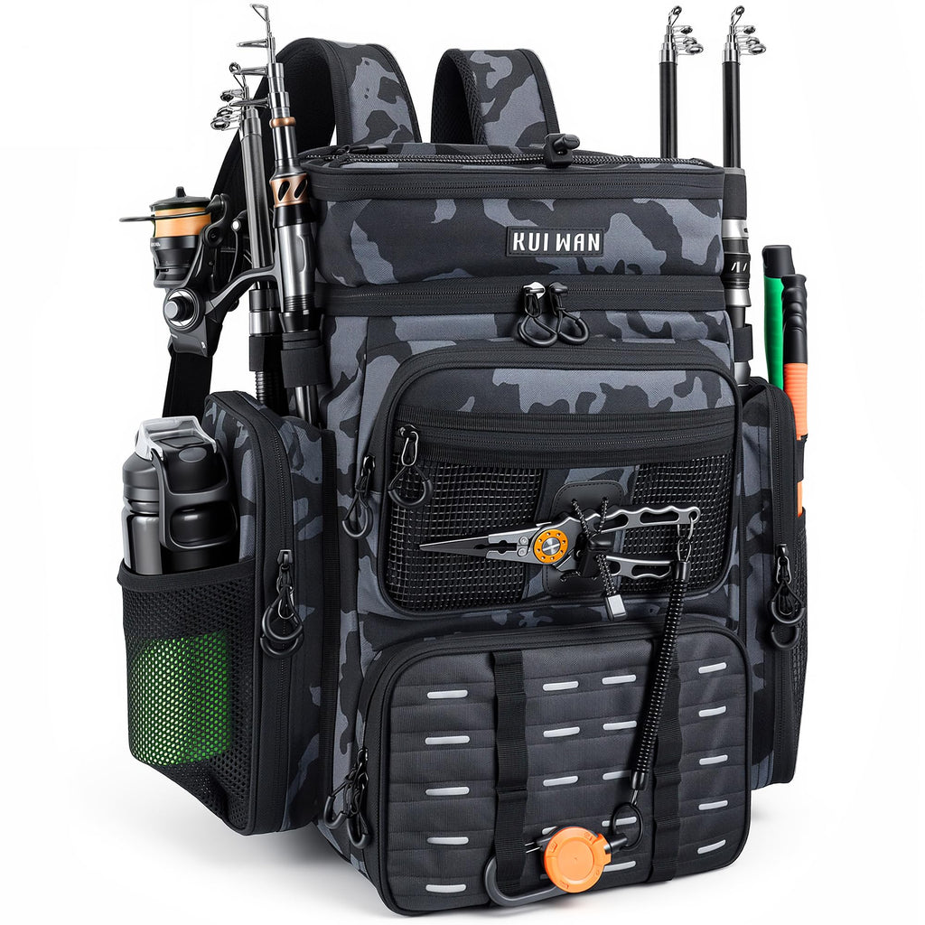 Fishing Backpack with Cooler & 4 Rod Holder, Large 45L Tackle Bag Store Fishing Gear Boxes Gifts for Men Woman-Camo Back Pack