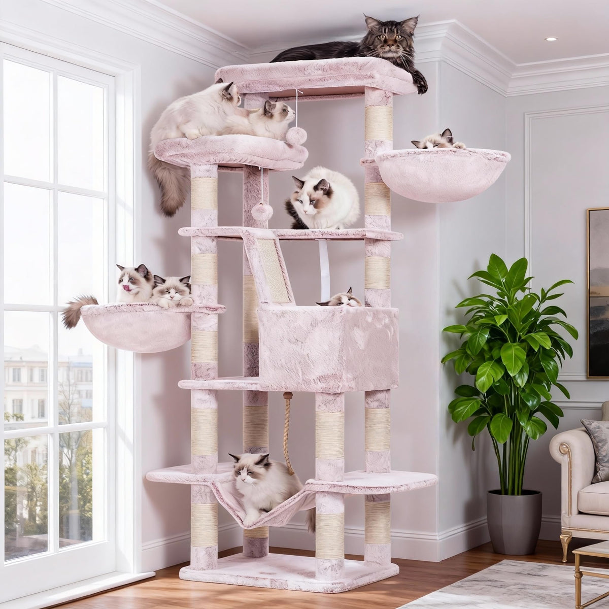 Heybly Cat Tree, 71-Inch-Tall Tower for Indoor Cats with 2 Perches HCT034G