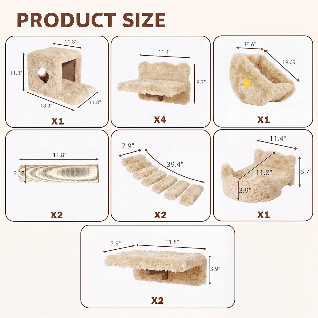 13-in-1 Cat Wall Shelves, Moon & Bridge Cat Wall Furniture, Beige