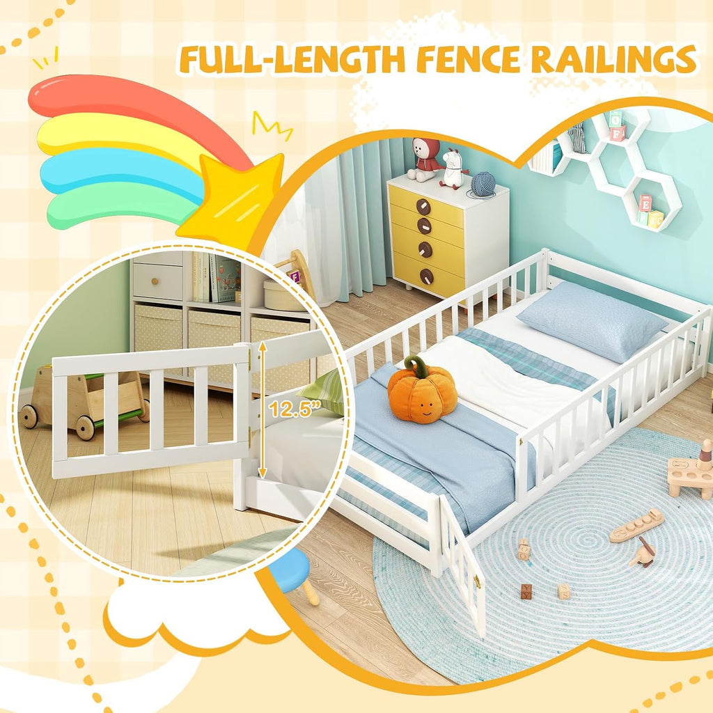 GIANTEX Twin Floor Bed with Fence for Kids, Wooden Montessori Bed Frame with Lockable Door & Guardrails, Low Floor Beds for Kids, Boys, Girls, No Box Spring Needed, Without Wood Slats, White