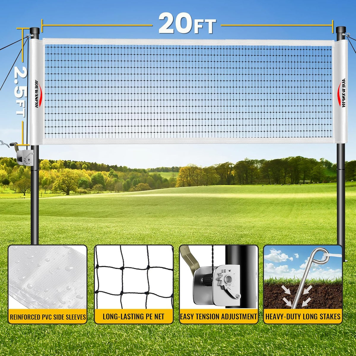 Portable Badminton Set, Heavy-Duty Outdoor Net with 4 Rackets, 3 Shuttlecocks & Boundary Line for Backyard Lawn Beach Family Games