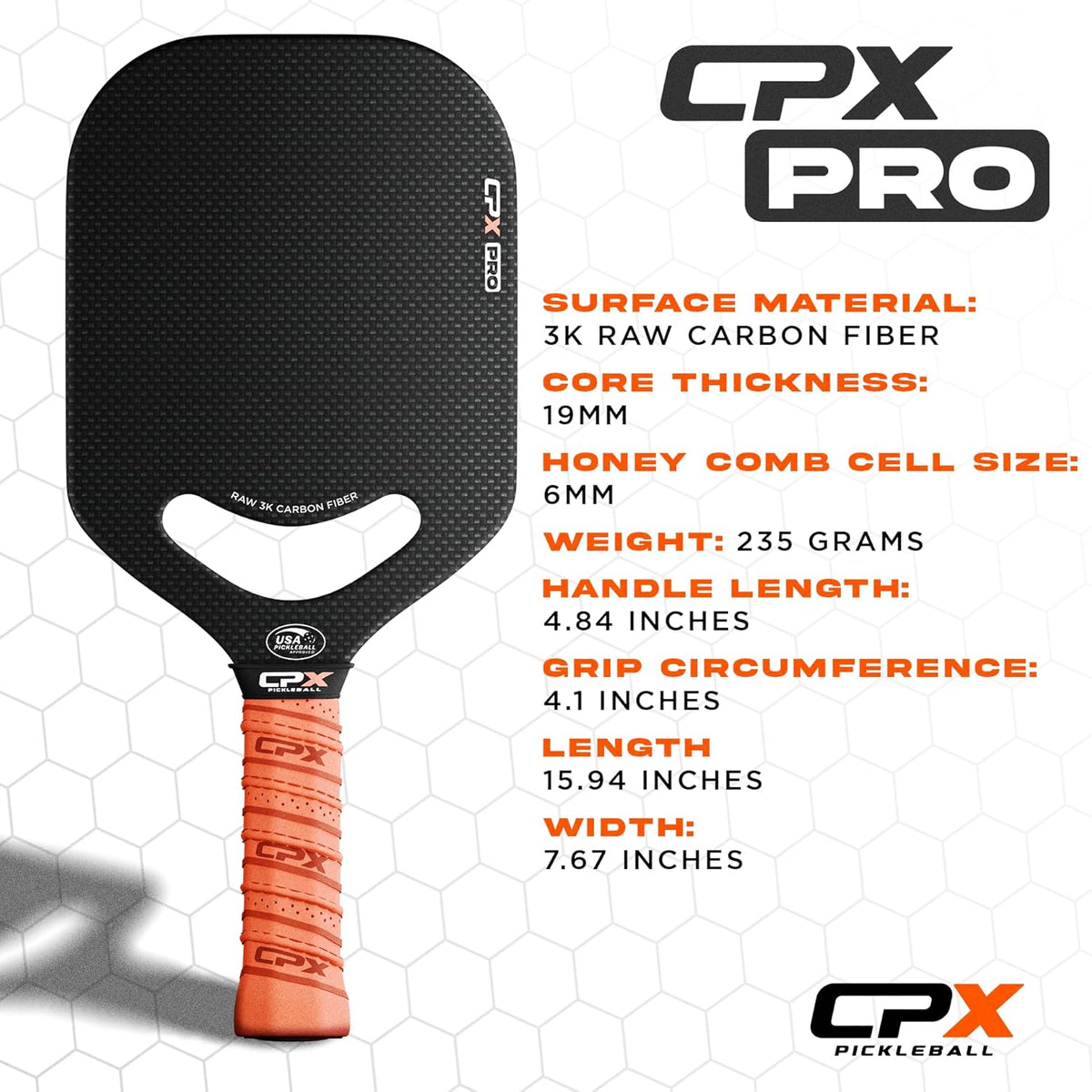 CPX Pro Carbon Fiber Pickleball Paddle - Professional Grade, Matte Finish, Honeycomb Core, Tennis Style Grip - Edgeless Paddle Designed in Chicago, USA