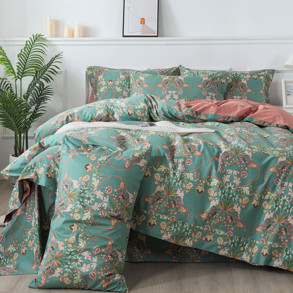 FADFAY Floral Duvet Cover Set 100% Cotton Green Striped and Beige Bedding White Flower Branches Print 600 TC Soft Reversible Zipper Bed Cover & 2 Pillowcases,King/Cal King(106x92)
