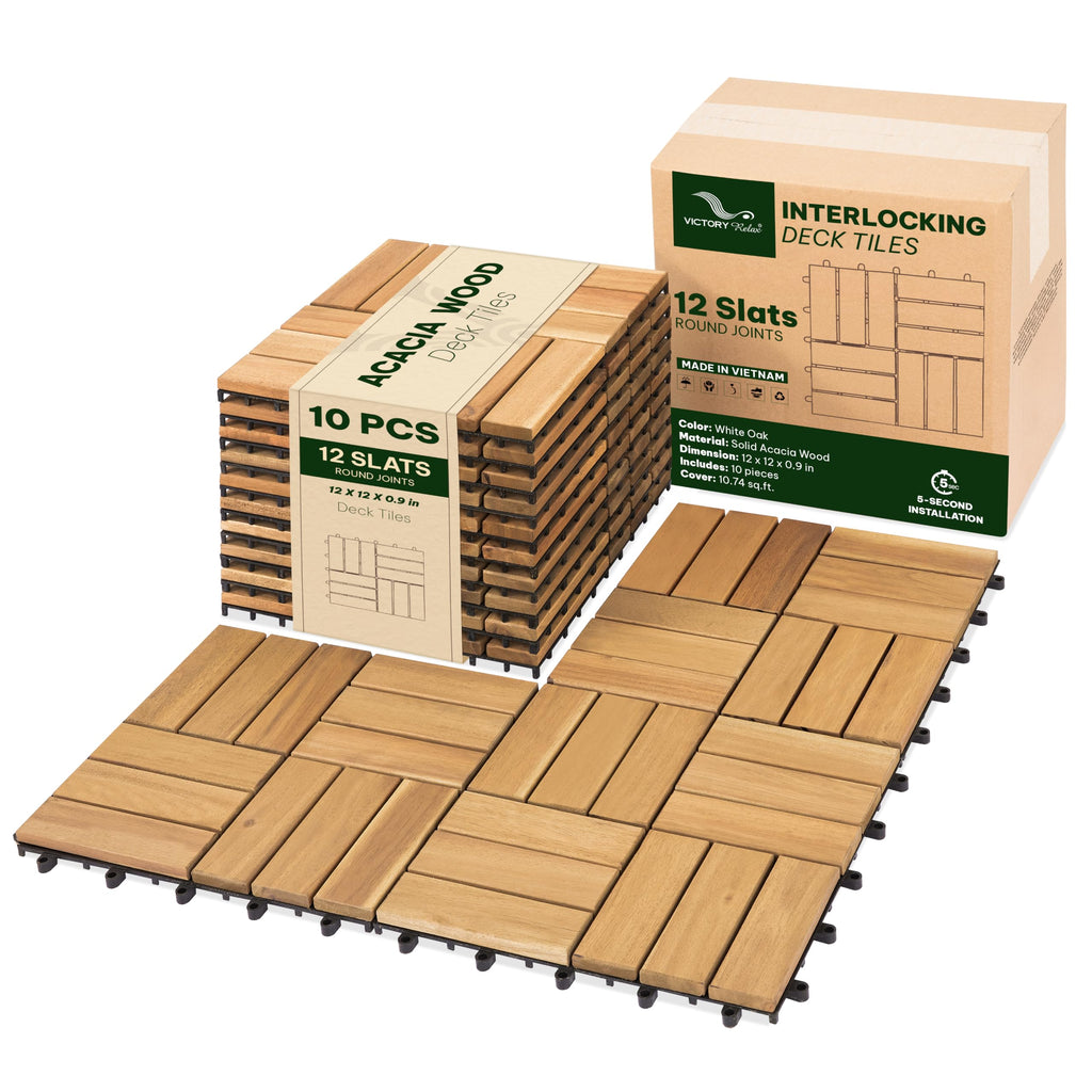 Acacia Interlocking Deck Tiles, 27 PCS Wood Flooring, 12 Slats, Walnut