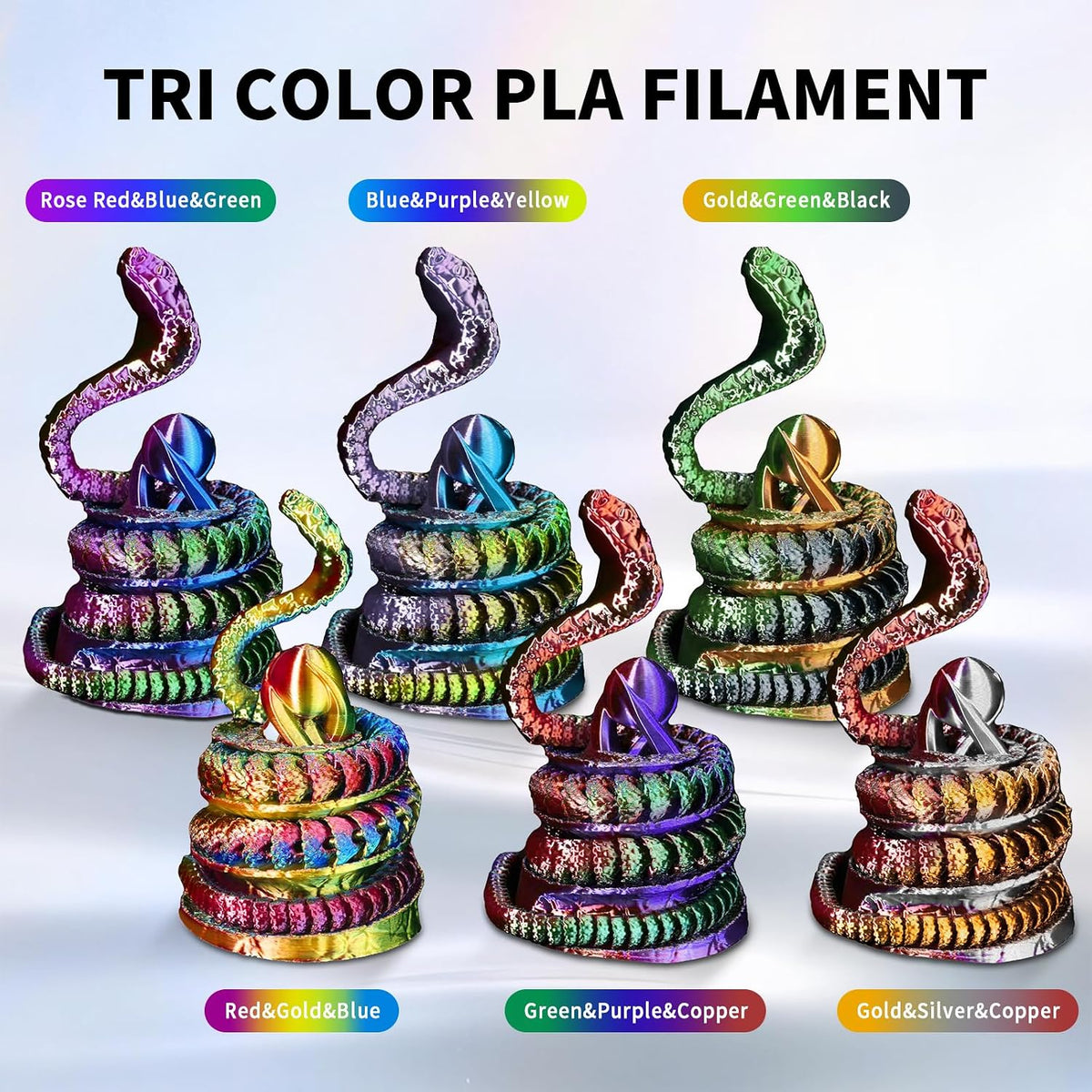 YOUSU 3D Printer Filament Silk PLA Filament Rainbow Color,1.75mm Tri Color PLA Filament 6kg Pack,1kg Spool.