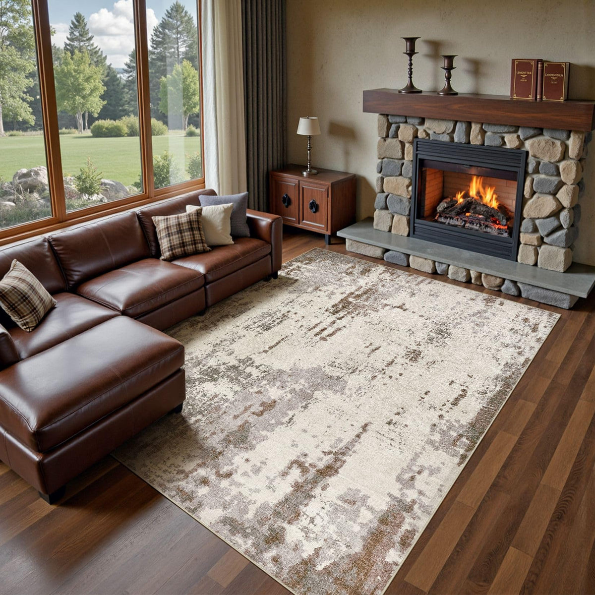 UERMEI 9x12 Area Rug Living Room Rugs - Washable Neutral Modern Abstract Soft Thin Large Rug Indoor Floor No Slip Rug Carpet for Bedroom Under Dining Table Home Office Decor - Brown Grey