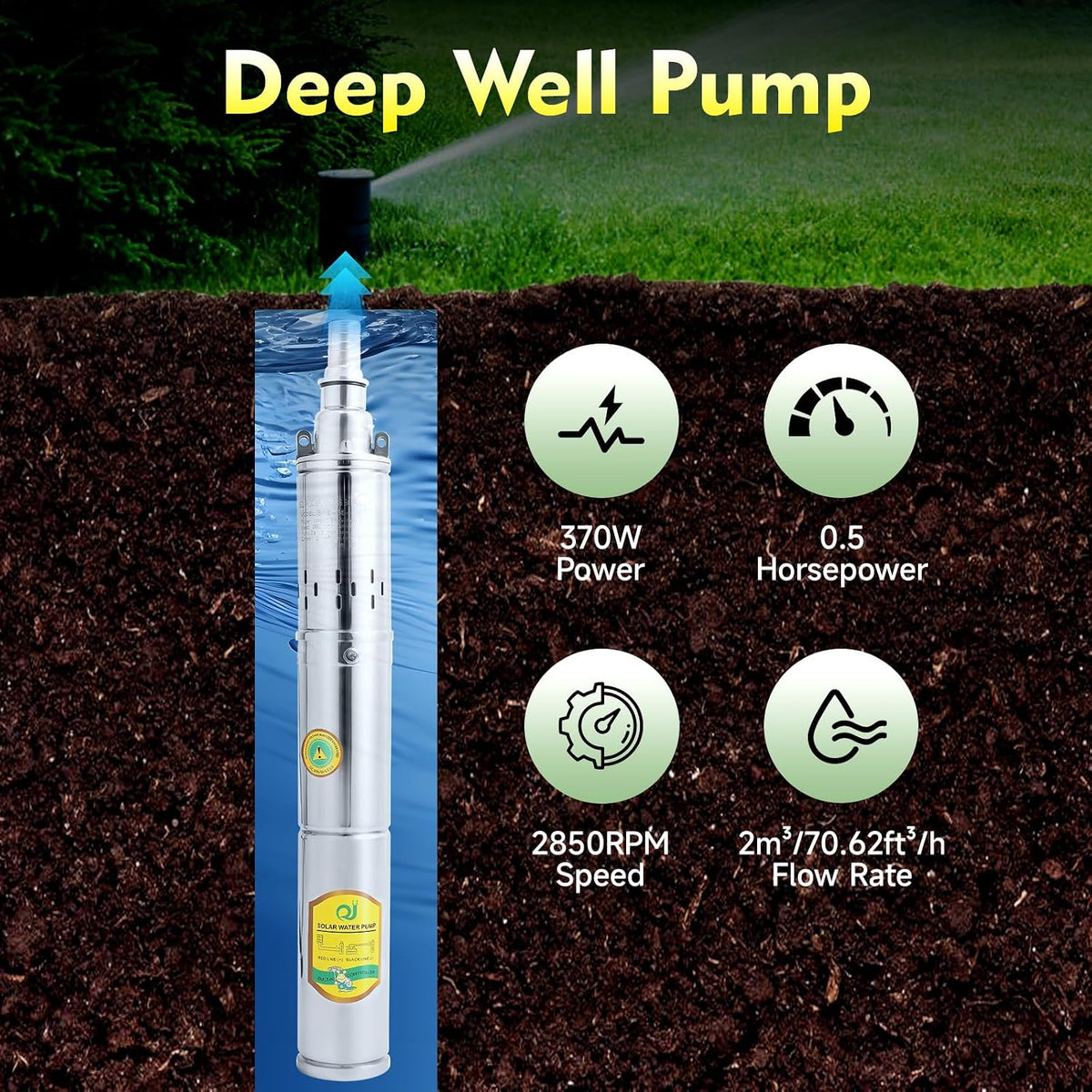 Deep Well Submersible Pump, 0.5HP 3In OD Deep Well Pump, 213.25Ft Head, 1In Outlet Stainless Steel Water Pump for Construction, Water Supply