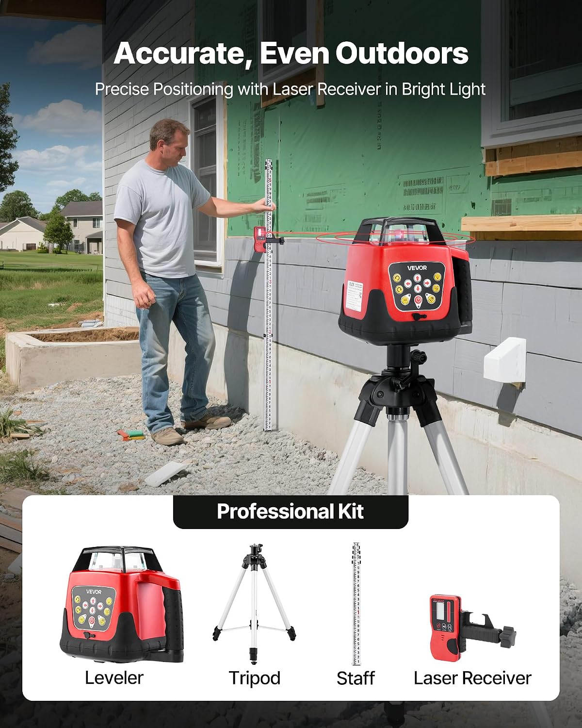 VEVOR Rotary Laser Level Kit, 1650ft 360-Degree Self Leveling Red Horizontal Laser Transit,with Tripod,Receiver,Remote Control, Scale,Toolcase, IP66 Waterproof, 0.80in/100ft Precision for Construction