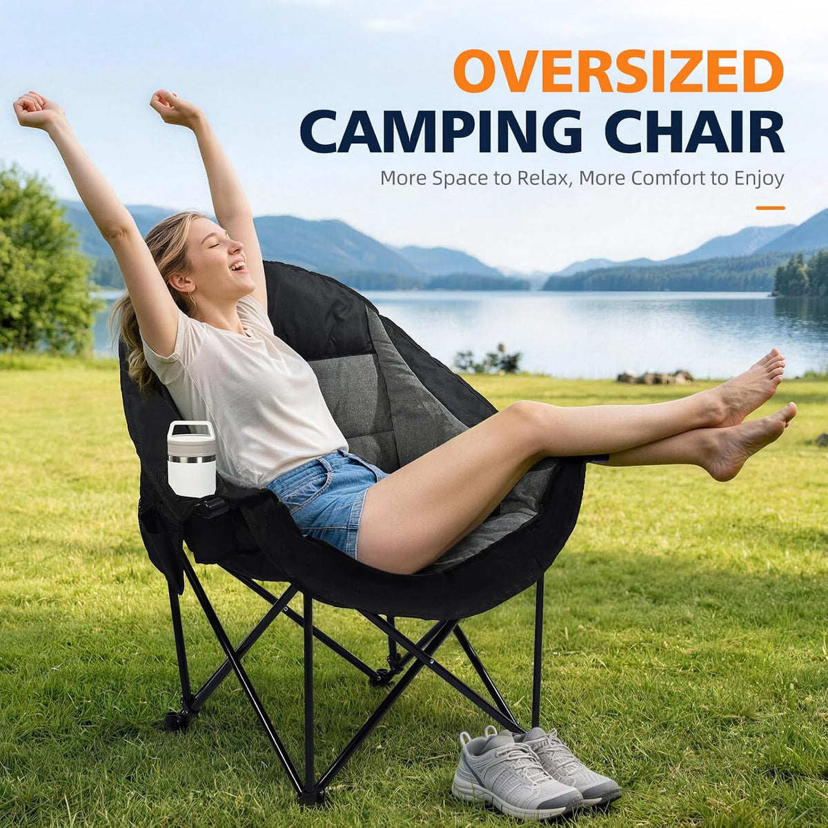 Oversized Camping Chair - Heavy Duty Padded Lawn Chair for Adults