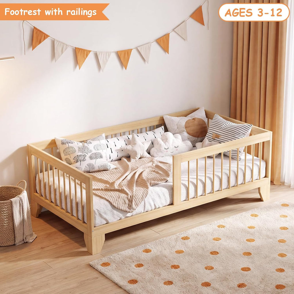 EXPERLAM Twin Montessori Floor Bed for Kids, Removable Rails, Burlywood