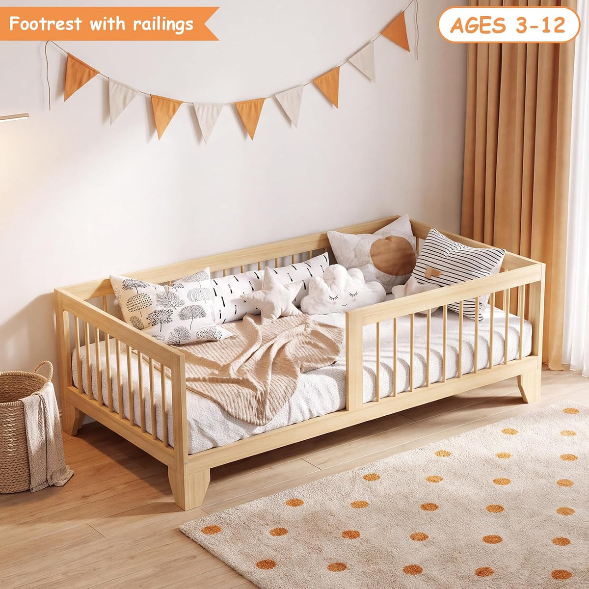 EXPERLAM Twin Montessori Floor Bed for Kids, Removable Rails, Burlywood