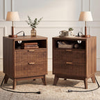 LYNCOHOME Fluted Nightstand with Charging Station, 19.7 inch Wide End Table with 2 Drawers, Modern Wood Bedside Table for Bedroom,Brown,1 Pcs