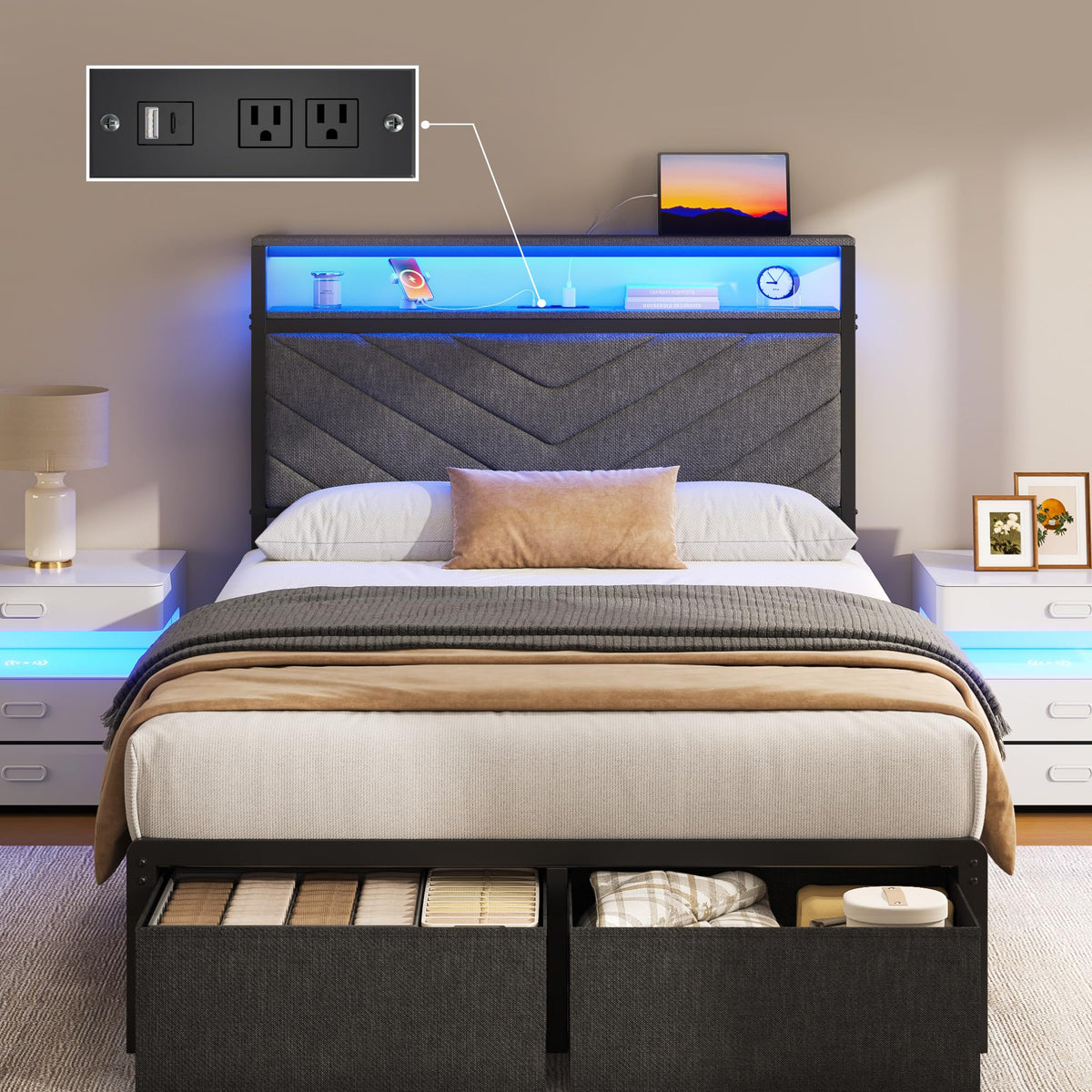 Fluest Queen Bed Frame with 2 Drawers, Upholstered Headboard with Storage and Charging Station, LED Lights, Fabric Drawers with Wheels, Under Bed Storage, No Box Spring Needed, Easy Assembly, Grey