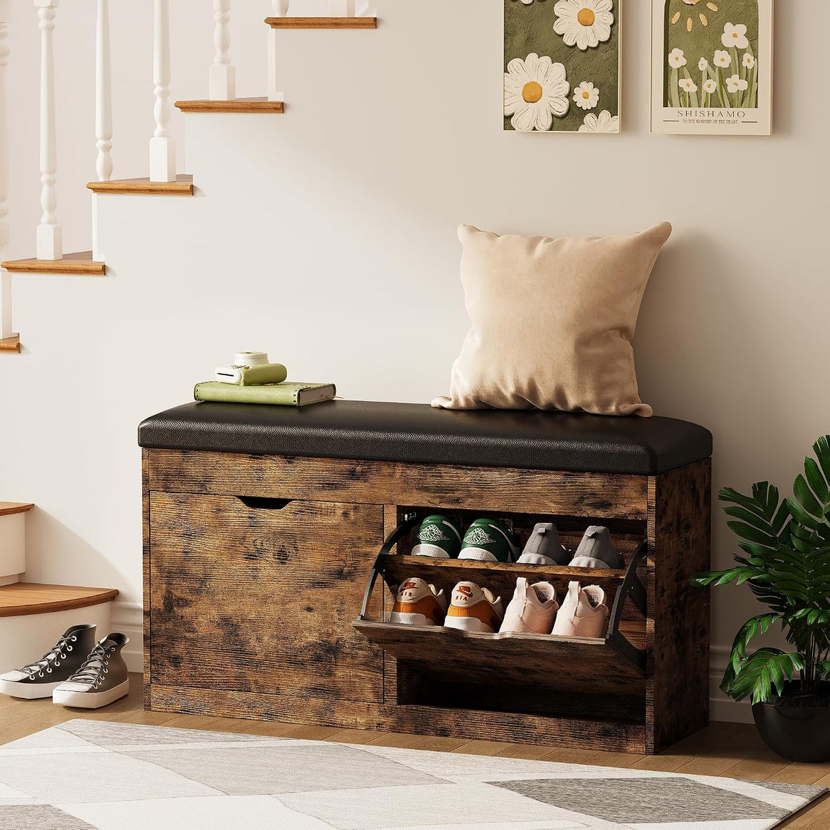 40" Shoe Storage Bench with 2 Flip Drawers & Padded Seat Cushion, Shoe Cabinet with Lift Top Storage Box, Shoe Bench Shoe Organizer for Entryway, Hallway, Living Room, Vintage Brown