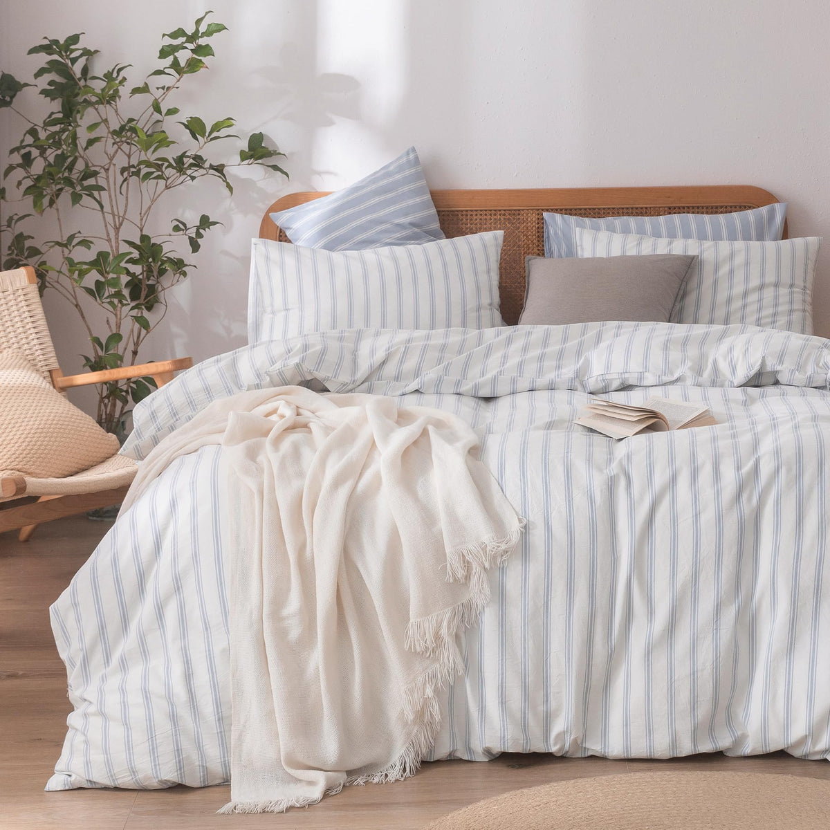 BESTOUCH Cotton Solid Duvet Cover Set Linen Feel Cornflower Blue Queen