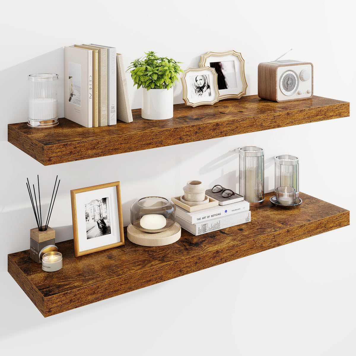 Marsmiles 55" Floating Shelves for Wall, Wooden Shelves with Invisible Brackets Set of 2, Rustic Farmhouse Wall Mounted Shelf for Kitchen Bathroom Living Room Study, White