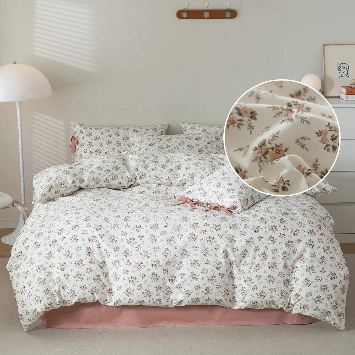 LifeTB Green Floral 100% Jersey Knit Cotton Duvet Cover Queen Vintage Style Botanical Floral Bedding Set Chic Shabby Green Floral Comforter Cover Girl Women Flower Bedding Cover with 2 Pillowcases