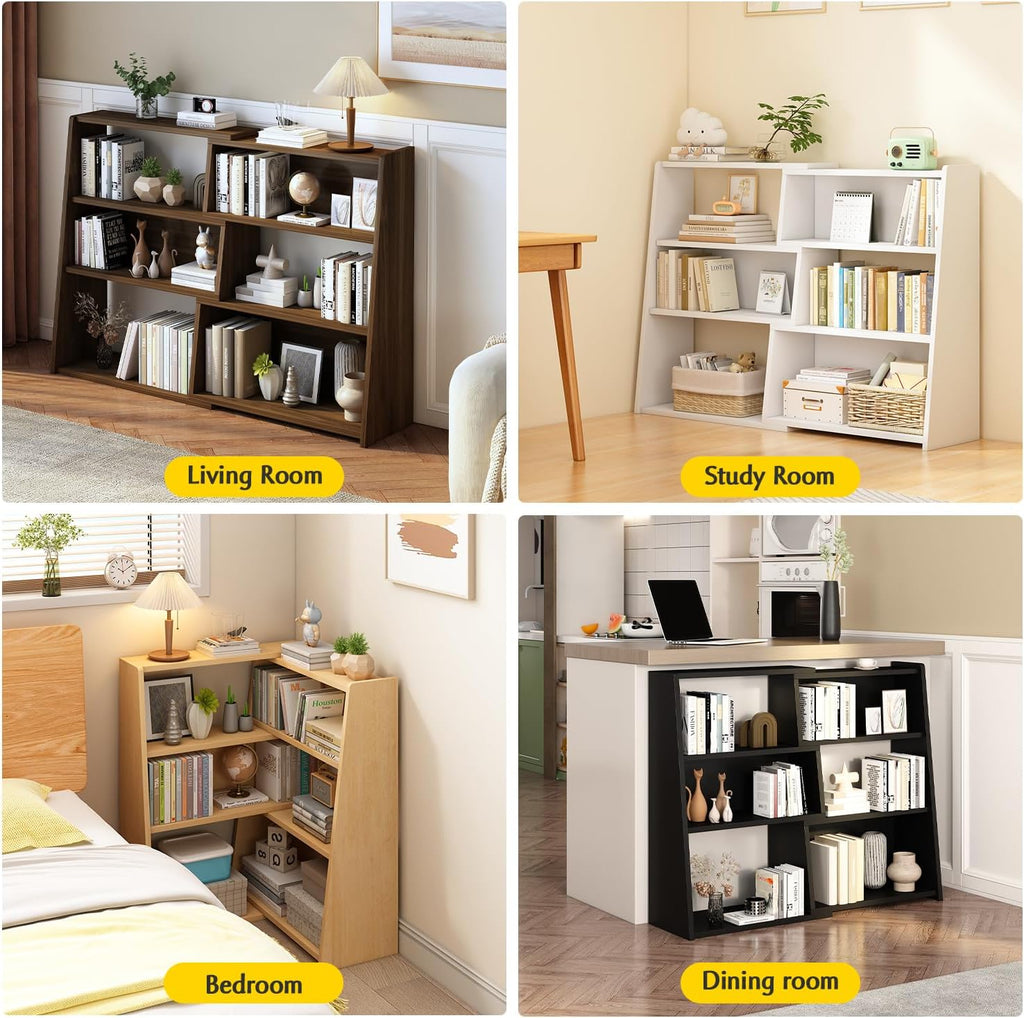IOTXY Wooden Extendable Shelf Bookcase, 3-Tier Low Bookshelf, Walnut, S