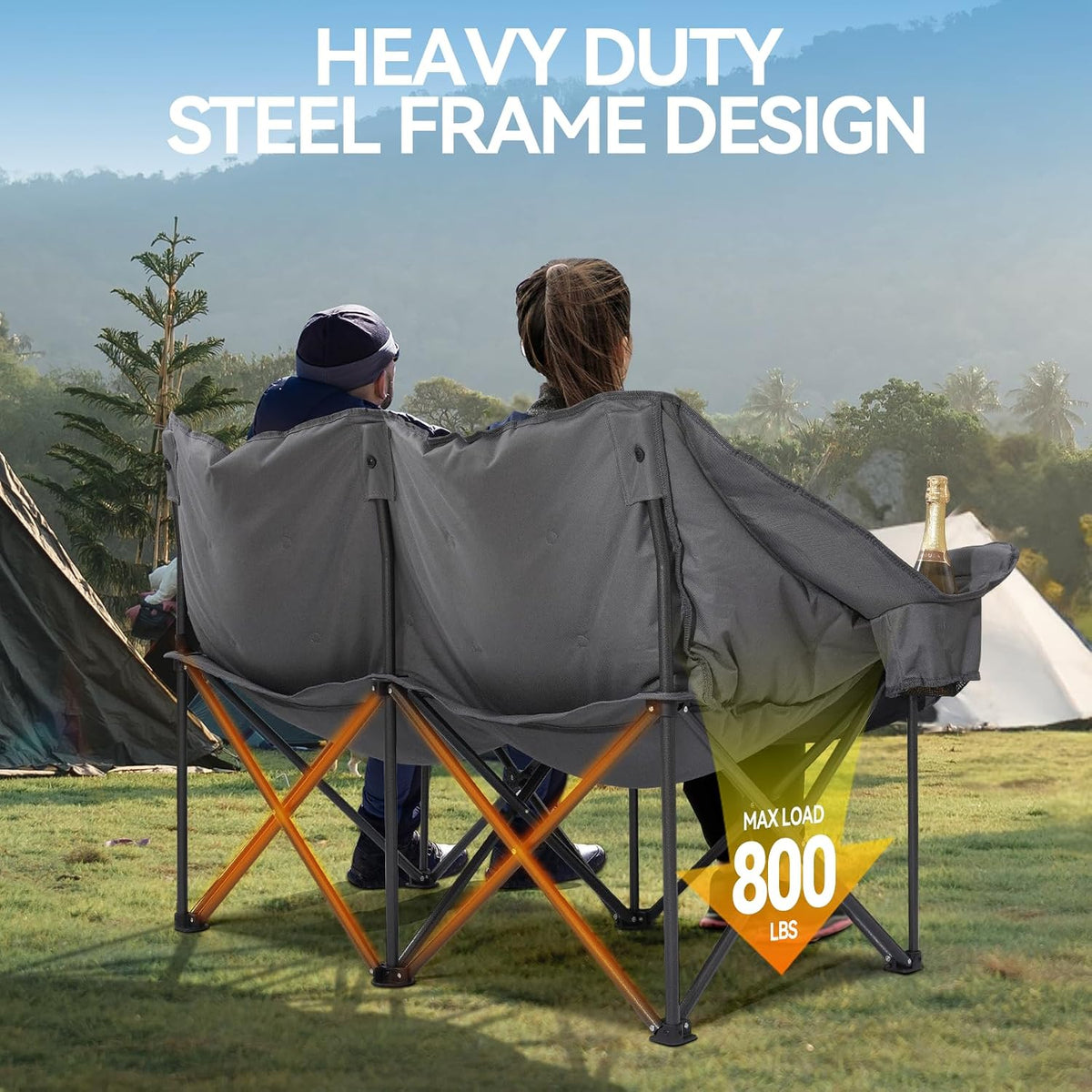 Huskfirm Padded Double Camping Chair, Heavy Duty Camping Loveseat, Grey