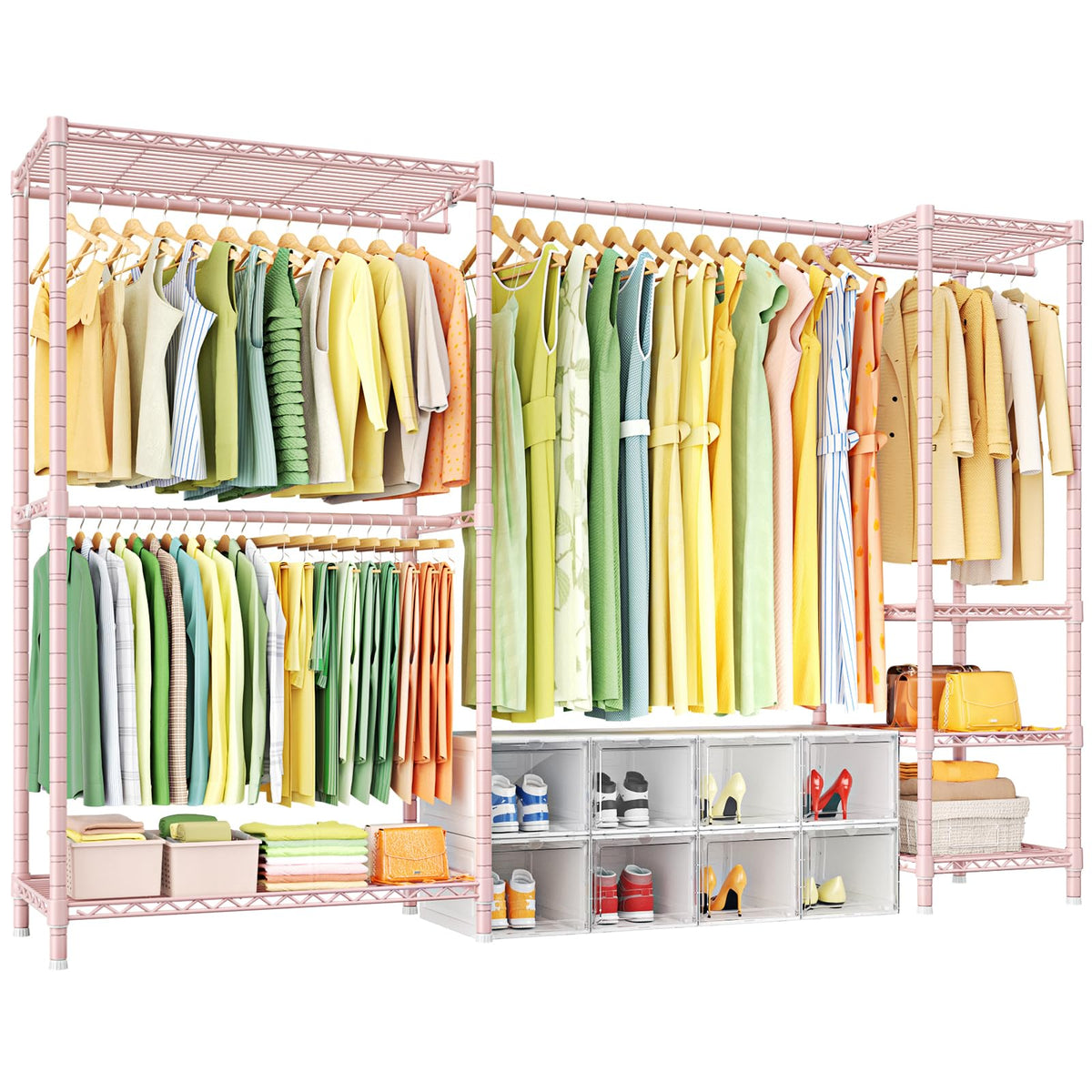 Ulif E10 Clothes Rack（With Stretchable Hanger Rod）Freestanding Clothing Racks for Hanging Clothes，Adjustable Closet Organizer System，Portable Garment Rack 73-97"W x 15" D x 72" H，Max Load 800LBS，Black