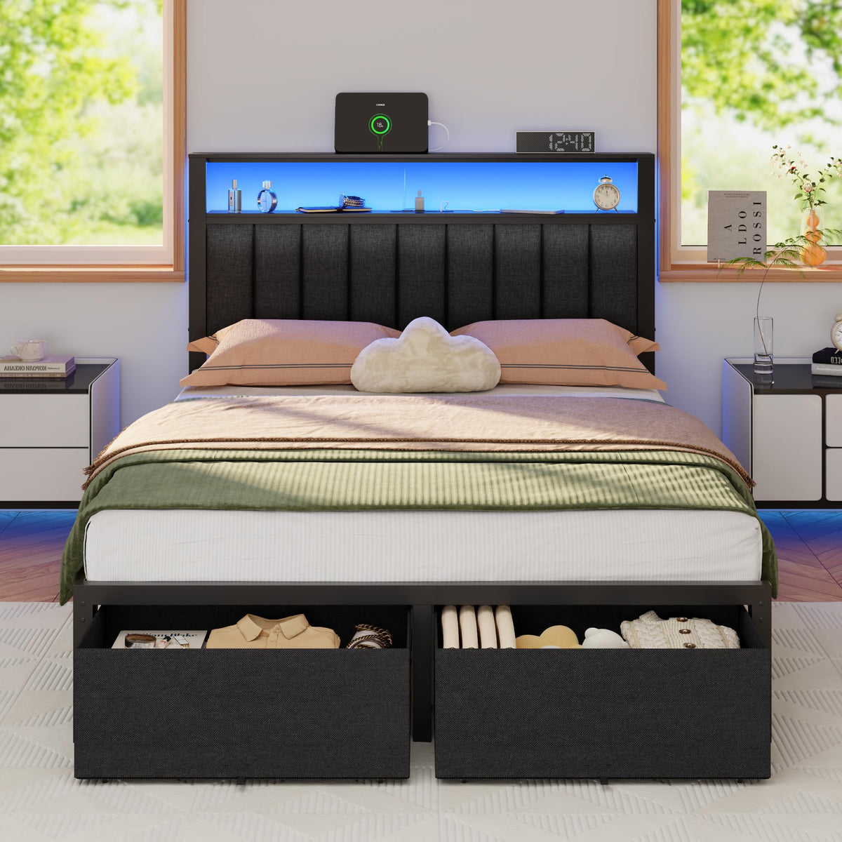 Furnulem Queen Bed Frame with Storage Drawers and Upholstered Headboard