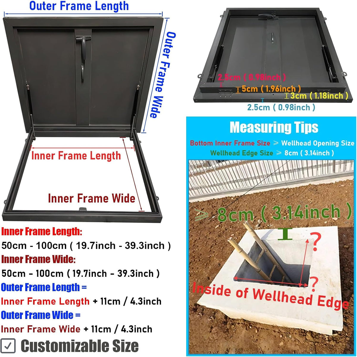 LXLZYXSF Heavy Duty Rooftop Vent Security Door, Galvanized Powder Coated Iron Roof Hatch Cover, Upward Lifting Attic Access Lid, Manhole/Cellars Cap Plate(60x60CM(23.6"x23.6"))