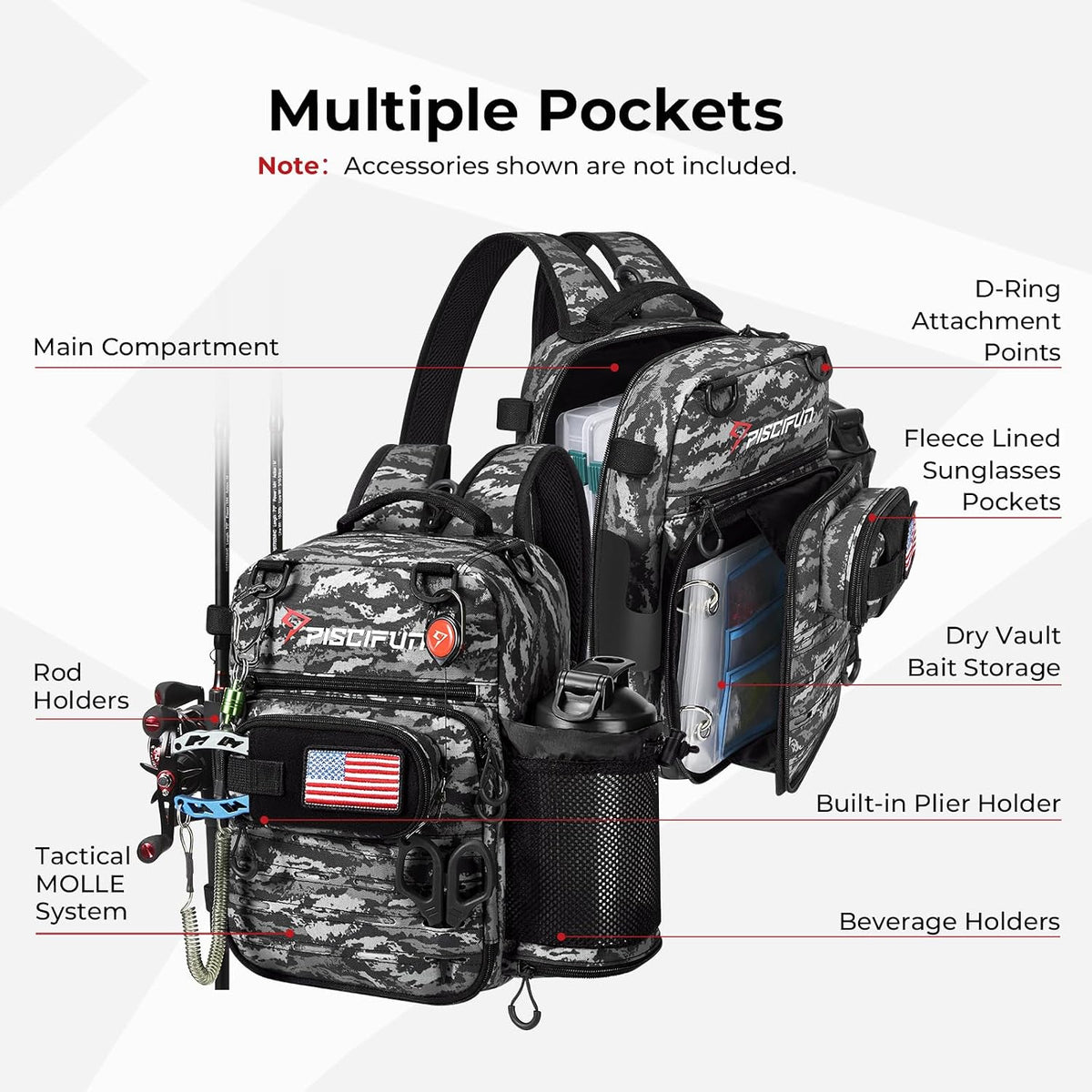 Piscifun Fishing Tackle Backpack, 3-Way Carry with Rod Holders