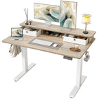 TIQLAB Standing Desk with Two Drawers, Stand Up Standing Desk Adjustable Height, Electric Sit Stand Table with Storage Shelf and Splice Board, with LED Light, 55 * 28 inch, Maple