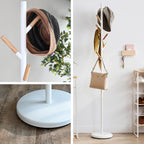 YAMAZAKI Home Freestanding Coat Rack Stand – Modern Coat Tree with Wooden Hooks, Standing Coat Hanger for Entryway, Sturdy Weighted Base, Steel, White, Easy Assembly