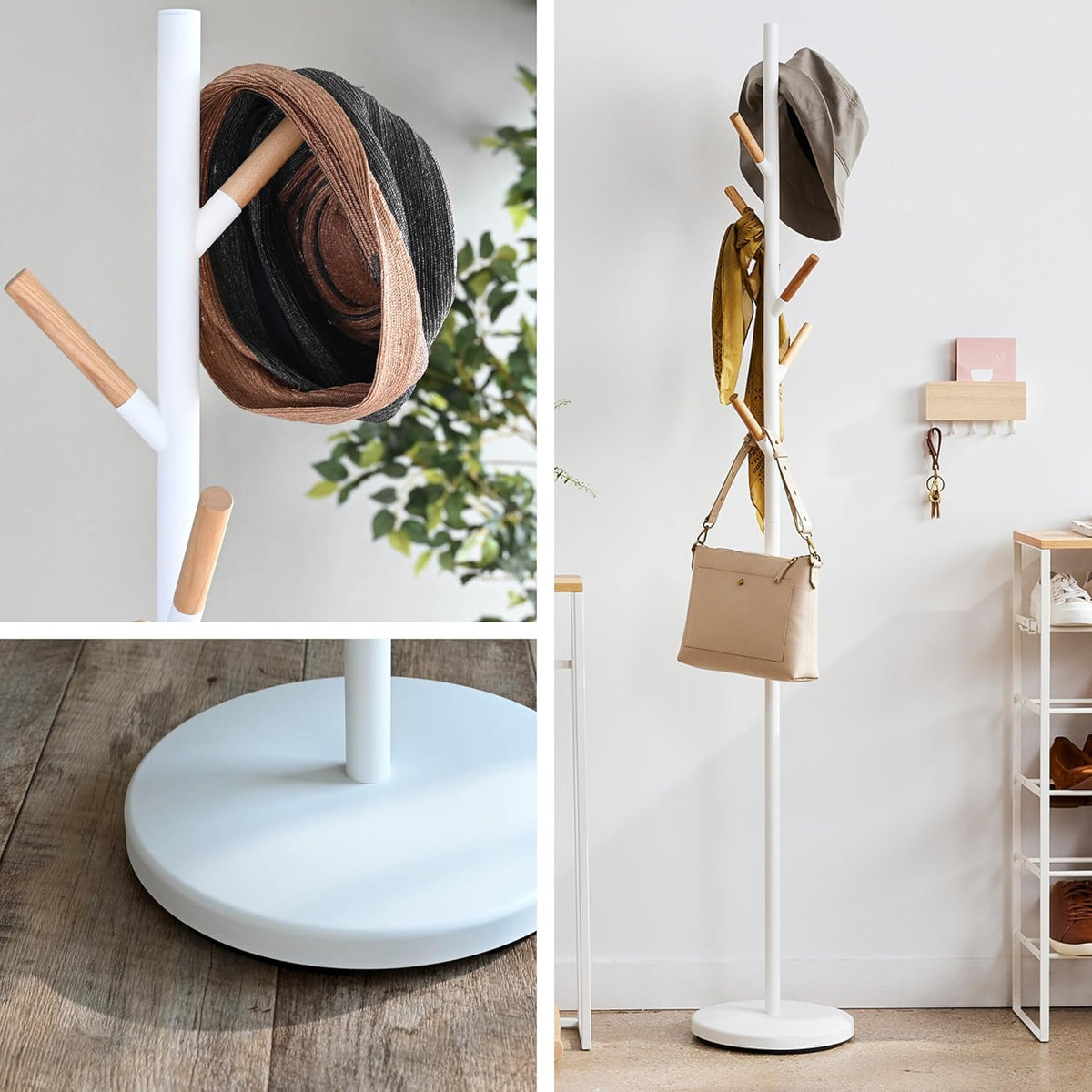YAMAZAKI Home Freestanding Coat Rack Stand – Modern Coat Tree with Wooden Hooks, Standing Coat Hanger for Entryway, Sturdy Weighted Base, Steel, White, Easy Assembly