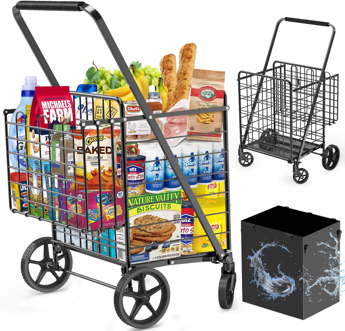 2-Tier Collapsible 400Lbs Heavy Duty Shopping Cart for Groceries